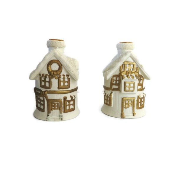 Vintage Ceramic Winter Tudor House Candle Holders by Bombay Company White Gold - Picture 1 of 8
